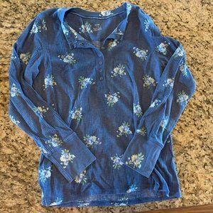 Aerie Waffle Henley Top Blue Floral sz L